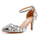7 Cm Large-Size Sandals Fine Heel Head Water Drill High Heel Sandals Gold Water Drill High Heels Wedding Shoes HZ0115