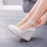 Thick Bottom Heel Single Shoe With White Round Head Waterproof Table Slope Heel Wedding Shoes Pine Cake HZ0115