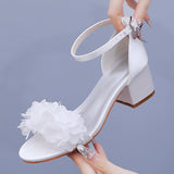 5 Cm Square Heel Sandals Light Mouth A Word With Coarse Heel Sandals White Flowers Color Lactin Ribbon Bridal Wedding Sandals HZ0115