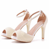 Large-Size Fish Mouth High-Heeled Sandals Waterproof Table Sandals Fine Heel Pearl Beads Wedding Shoes Wedding Heels HZ0115
