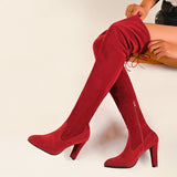 Autumn And Winter New Large Size Over The Knee Boots High Heel Sharp Head Solid Color Long Barrel Side Zipper Shoes Elastic Boots HZ0115