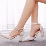 7 Cm Square Thick Heel Sharp In The Hollow Sandals Spring Square Side Light Female Shoes White Lace Net Bride High Heels HZ0115
