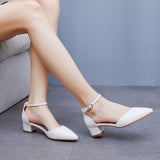 4 Cm Thick Heel Tip Small White Shoes Low Thick Heel In Hollow Sandals Spring Square Heel Women's Shoes White Bridal Shoes HZ0115