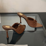 Fine Heel High Heels 2025 Summer New Folded Metal Buckle Tip-Toed Cool Drag Sexy Thin Heel Shoes HZ0115