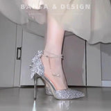 Black High Heels Female Student 18-Year-Old Adult Butterfly Crystal Wedding Shoes 2025 New Evening Dress Fine Heel Single Shoes HZ0115