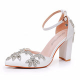 7 Cm Coarse Heel Pointed Shoes Hollow Shoes Square Sandals Water Drill Wedding Shoes Female White Wedding Shoes Diamond HZ0115