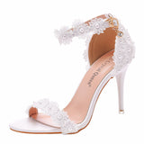 9 Cm High-Heeled Sandals Bridesmaid Wedding Buckle Lace Flowers Fine Fish Mouth Roman Sandals HZ0115