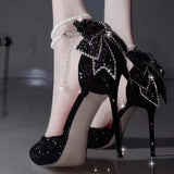 Black High Heels Female Student 18-Year-Old Adult Butterfly Crystal Wedding Shoes 2025 New Evening Dress Fine Heel Single Shoes HZ0115