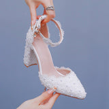 White Lace Pointed Women's Singles Lace Wedding Dress Shoes Spring Thick Heel Sharp Sandals White Wedding Shoes Shallow HZ0115