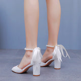 7 Cm Fish Mouth Coarse Sandals Shallow Buckle With Large-Size Beads Drifting Sandals Bride White Coarse Sandals Woman HZ0115