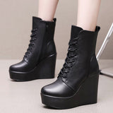 Round Head 12Cm High Slope And Waterproof Table Mid-Sleevel Boots With Side Zipper Women's Boots Pine Cake Plus Velvet Winter Warm Leather Boots HZ0115