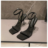 In The Summer Of 2025, The New Square Head Niche With Sandals High Heels Women's Fine And Black Velvet Surface Toe HZ0115