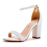 9 Cm Thick Heeled Light Mouth With Sandals Round Head Square Thick Sandals White Pearl Sandals Wedding Shoes HZ0115