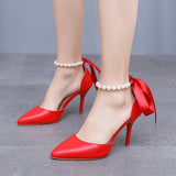 9 Cm Red Fine Heel Finger Beads Tied With Sandals Bride Wedding Dress Dress Long Dress Shoes Large Wedding Shoes HZ0115