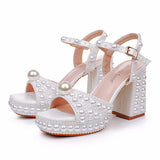 9 Cm Thick Heel Fish Mouth Waterproof Table Sandals Round Head Square Thick Heel Sandals White Pearl Wedding Shoes HZ0115
