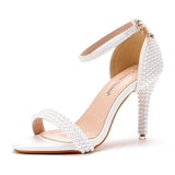 High Heel Sandals White Buckle Shoes Fine Heel Fish Mouth Roman Sandals White Pearl Sandals HZ0115