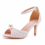 7 Cm Pearl Fish Mouth High Heel Sandals Shallow Buckle With Large-Size Round-Head High Heel White Ribbon Wedding Shoes HZ0115
