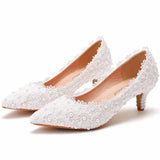 Large-Size 5 Cm Lace Heel High Heel Heel Heel Mid-Heeled Wedding Shoes Pointed Bridesmaid Shoes Annual Photo Shoes HZ0115