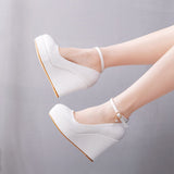 Thick Bottom Heel Single Shoe With White Round Head Waterproof Table Slope Heel Wedding Shoes Pine Cake HZ0115