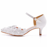 5 Cm Hollow Sharp Head Sandals In Low-Heeled Mary Jane Sandals White Lace Beaded Wedding Shoes Bridal Wedding Shoes HZ0115