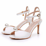 8 Cm Ultra-Fine High-Heeled Fish Mouth Sandals Hollow Light Mouth Buckle With Large-Size Round-Head High-Heeled Shoes Pearl Wedding Shoes HZ0115