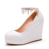 11 Cm White Round Head Water Table Slope Single Shoes Women Pearl Beads Supo Heel Shoes Large-Size High Heel Single Shoes Women HZ0115