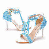9 Cm High-Heeled Sandalbum Bridesmaid Wedding Buckle Lace Beads And Fish Mouth Roman Sandals HZ0115