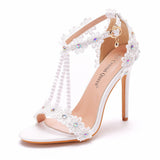 Sandals White Buckle Shoes Fine Heel Fish Mouth Roman Exposed Toe Sandals 11 Cm Beaded High-Heeled Sandals HZ0115