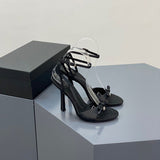 2025 New Summer Bow Silk Satin High Heels Women Feel Water Drill Letters Fine And Exposed Cool Slippers Pink HZ0115