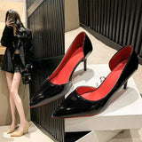 Side-Empty Red-Soled Black High-Heeled Women 2025 New Sexy Temperament Nightclub Fine-Heeled Leather Shallow Single Shoes HZ0115