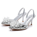 7 Cm Silver Light-Mouthed Pointed Sandals Water Drill Glass Fine Heel Sandals Large Wedding Shoes Bride Wedding Women's Shoes HZ0115