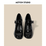 Mary Jane Shoes Retro British Wind Hepburn Black High-Theeled Thick Side-Shoe Single-Shoe Woman HZ0115