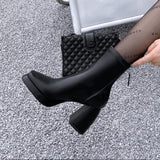 Black High-Heeling Zipper Short Boots Women Autumn And Winter New Short Cylinder Square Head Thick And Martin Boots Waterproof Table Thin Skin Boots HZ0115