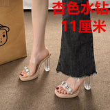 High-Heeled Women Wear 2025 Summer New French Thick Heel Water Drill Transparent Crystal Sandals Women Slippers Women Shoes HZ0115