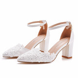 Large-Size 7 Cm Thick Heel Sharp-Headed Hollow Sandals Spring Square Heeled Women's Shoes White Lace Bride High Heels HZ0115