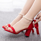 7 Cm Thick Heel Shallow Mouth With Velvet Sandals Round Head Square Sandals Beads Drifting Summer Sandals Woman HZ0115