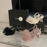 Square-Head Coarse Heeled Fairy Summer Wear 2025 New Fine Heel Buckle With Toe Feather Sandals HZ0115