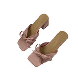 French High-End Silk And Satin Bow Coarse And Cool Slippers Women Wear 2025 New Summer Dew High-Heeled Shoes HZ0115
