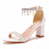 7 Cm Thick Heel Shallow Mouth With Sandals Round Head Beads Esu On High Heels White Pearl Wedding Shoes HZ0115