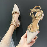 Sandals Women's Summer 2025 New Flat-Bottomed Fairy Rivet One Word With Buckle High Heels Women's Coarse Heel Single Shoes HZ0115