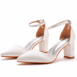 7 Cm Thick Heel Pointed Sandals Spring Square Side Light Female Sandals White Satin Cloth Bride High Heels Large Size HZ0115
