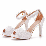Large Yard Fish Mouth High Heel Sandals Waterproof Table Sandals Fine Heel Lace Beaded Wedding Shoes Wedding Heels HZ0115