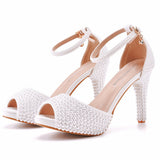Large-Size Fish Mouth High-Heeled Sandals Waterproof Table Sandals Fine Heel Pearl Beads Wedding Shoes Wedding Heels HZ0115