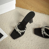Beautiful Cross With Water Todss Square Sandals Female Feeling Black Satin High-Heeled Cool Slippers 2025 Summer HZ0115