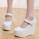 White High-Slope Single-Shoe Round Cheongsam Shoes Shallow Walking Shoes Waterproof Table Thick-Soled Size 43 Magic Sticker Women's Shoes HZ0115