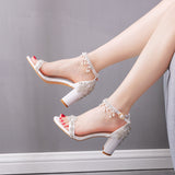 7 Cm Thick Heel Shallow Mouth With Beaded Sandals Square Sandals White Water Drill So Bridal Wedding Shoes Summer HZ0115