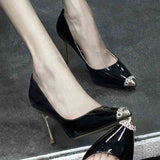 2025 New Light Mouth Water Drill Metal Head Patent Black Single Shoes Women Feel Pointed Night Shop Bed High Heels HZ0115