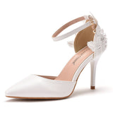 White Lace Flower Wedding Shoes One-Word Wristband Bridal Shoes Fine Heel Sharp Wedding Shoes Women Sandals Car Show Shoes HZ0115