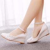5 Cm Low Heel Pedicle Thin High Heel Women's Shoes Round Head Heel Single Shoes Bridal Shoes Pregnant Woman Wedding White Shoes HZ0115
