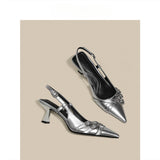 2025 Beautiful High-Heeled Shoes Female Fine Heel Silver Temperament Pointy Single Shoe Belt Buckle French Bag Head Sandals HZ0115